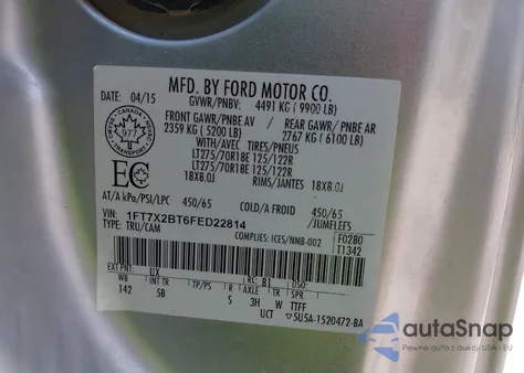 2015 Ford F-250 Lariat z USA, uszkodzony, nr VIN 1FT7X2BT6FED22814